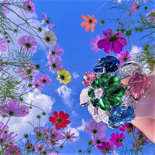 Anello con Smeraldi, Rubini, Zaffiri e Brillanti Sintetici ad Alto Contenuto di Carbonio