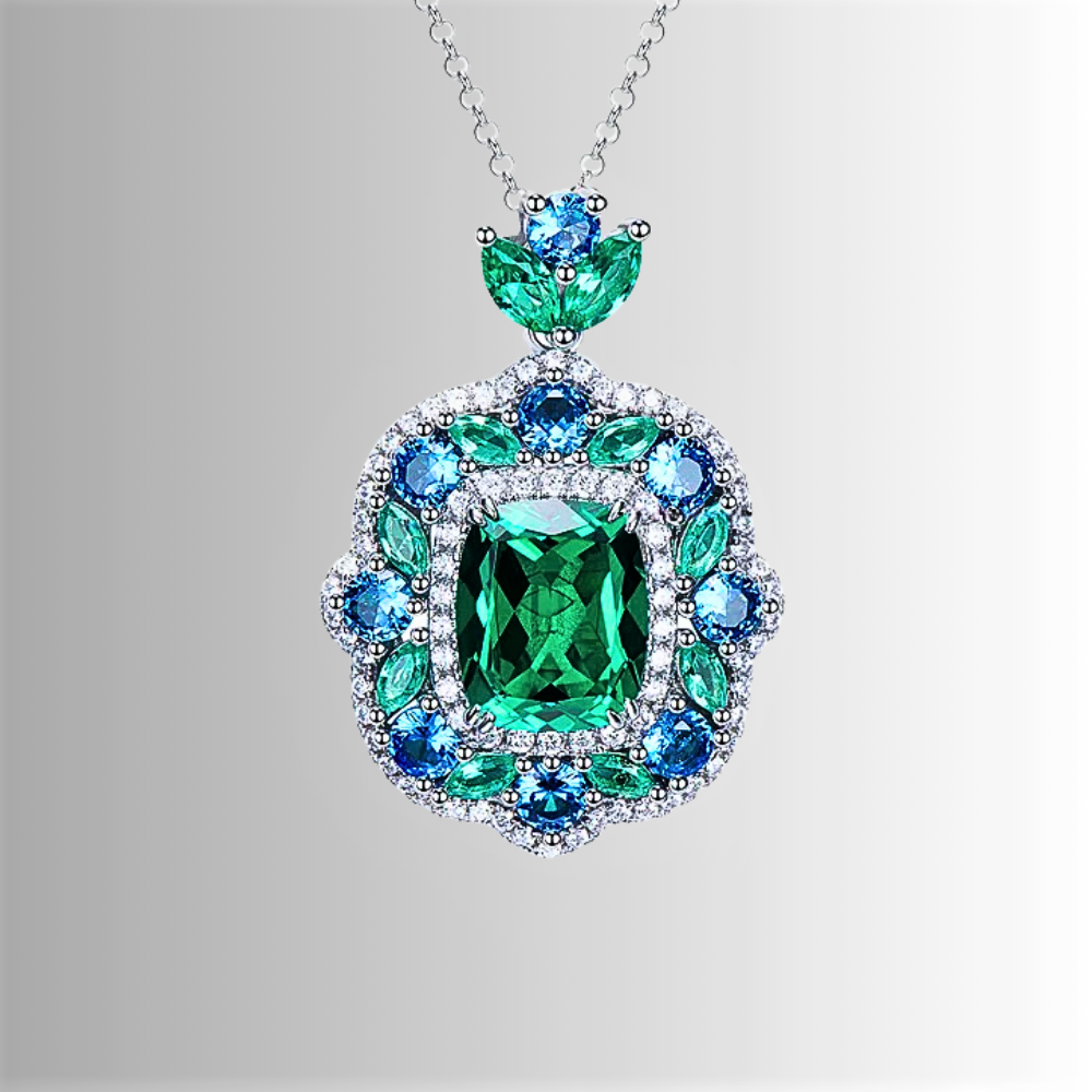 Parure Collana e Anello con Moissanite colore Smeraldo e Zaffiro