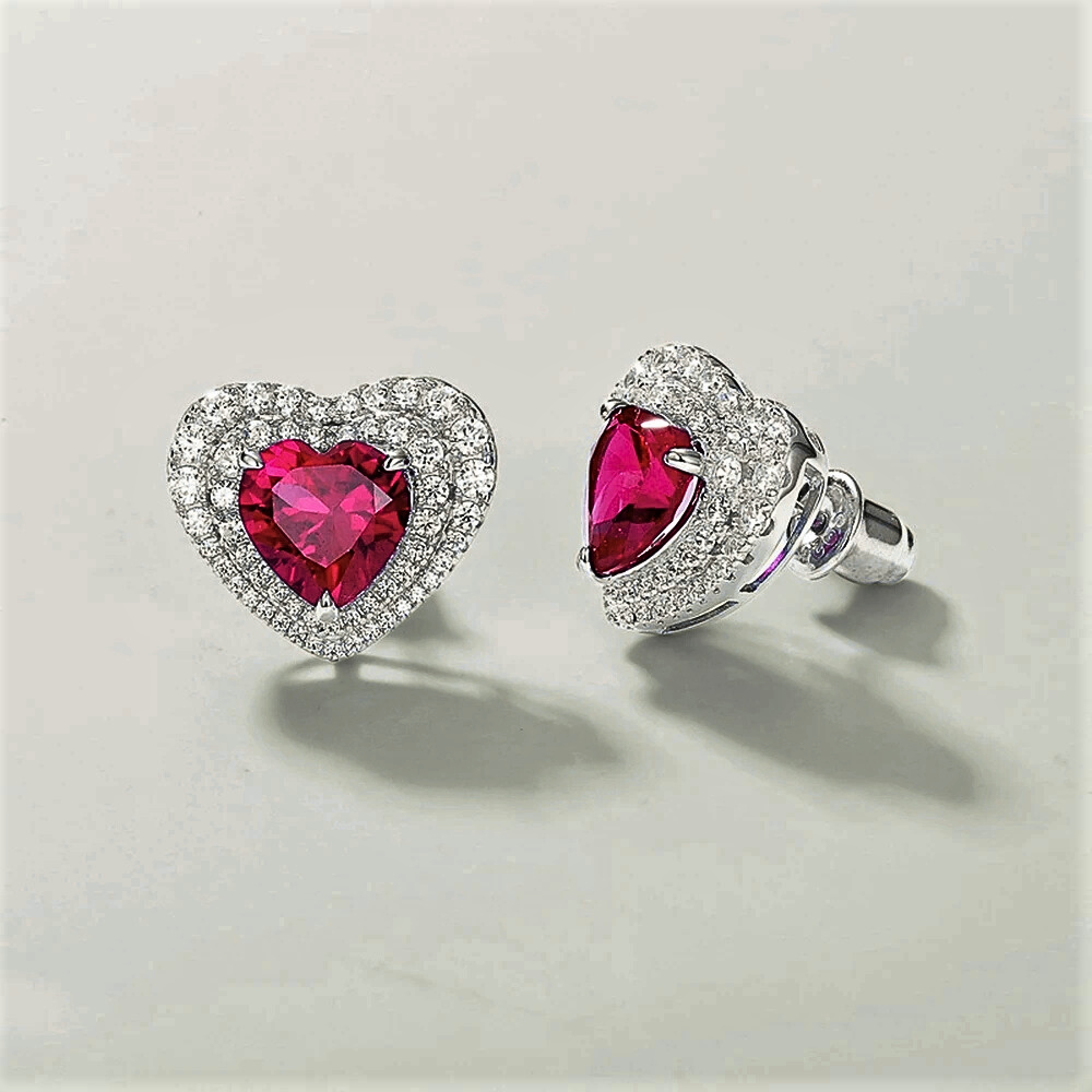 Orecchini a Cuore con Rubino Lab Grown e Brillanti Coltivati