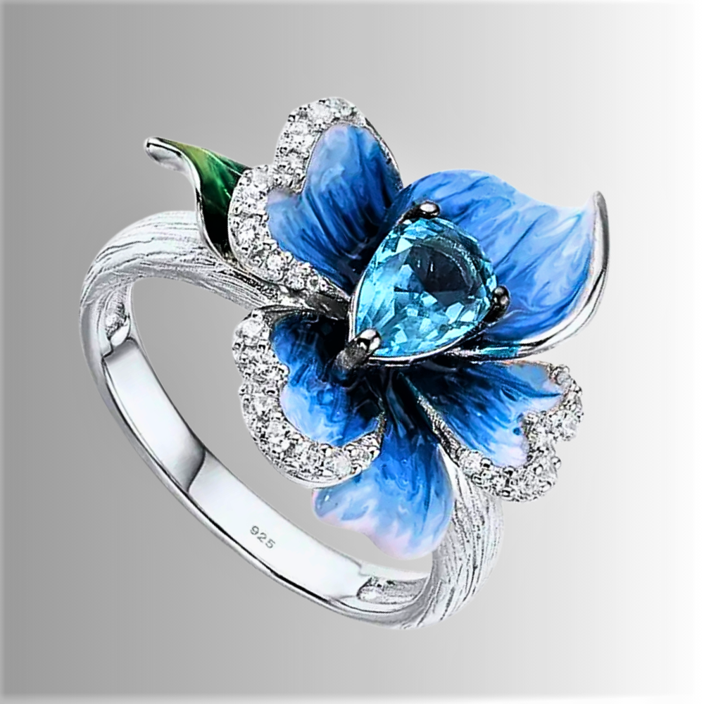 Anello Orchidea Blu con Acquamarina Sintetica e Smalto Dipinto a Mano