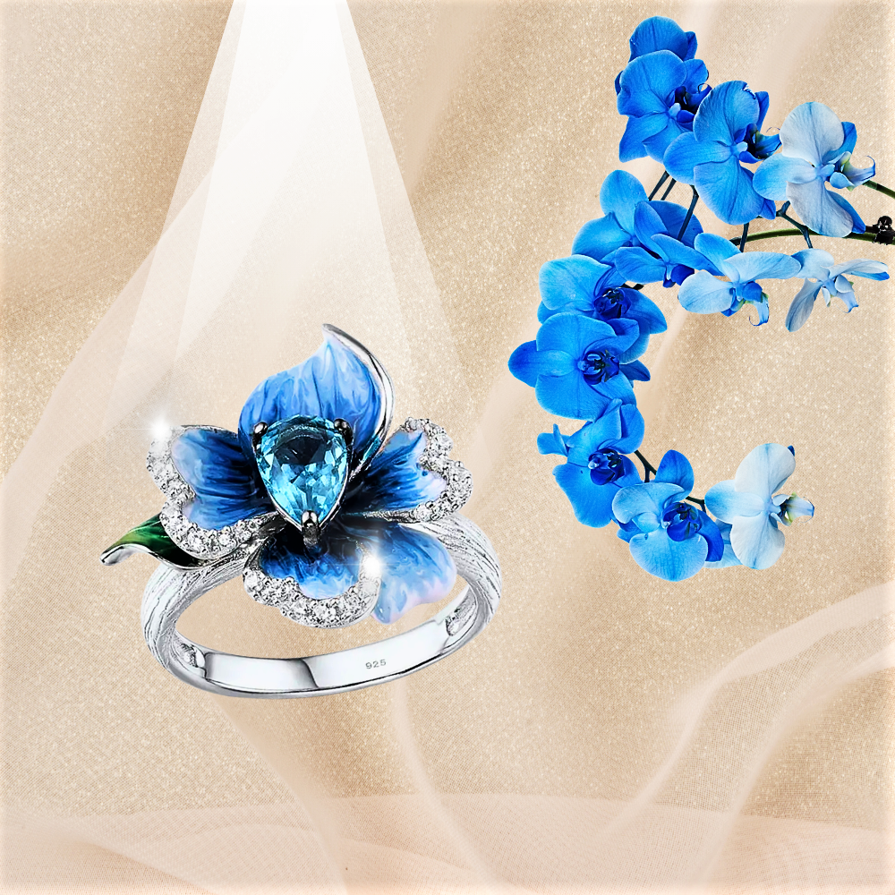 Anello Orchidea Blu con Acquamarina Sintetica e Smalto Dipinto a Mano