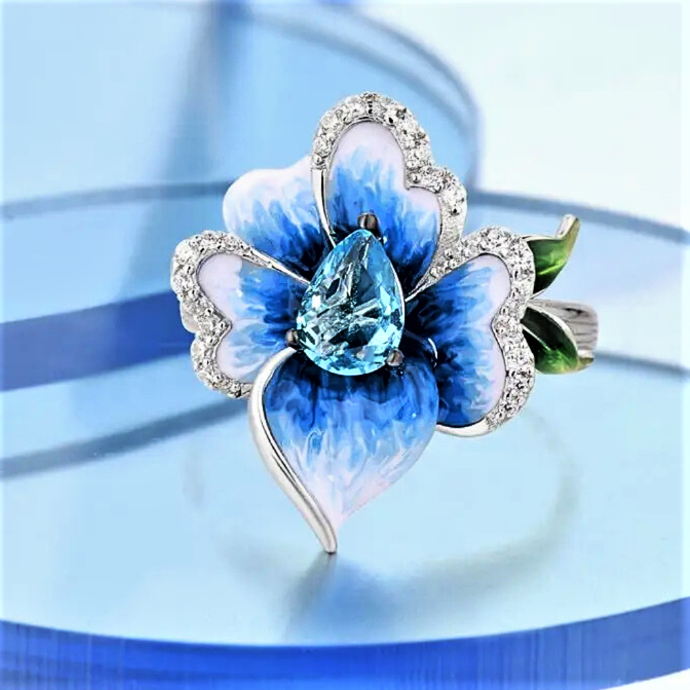 Anello Orchidea Blu con Acquamarina Sintetica e Smalto Dipinto a Mano