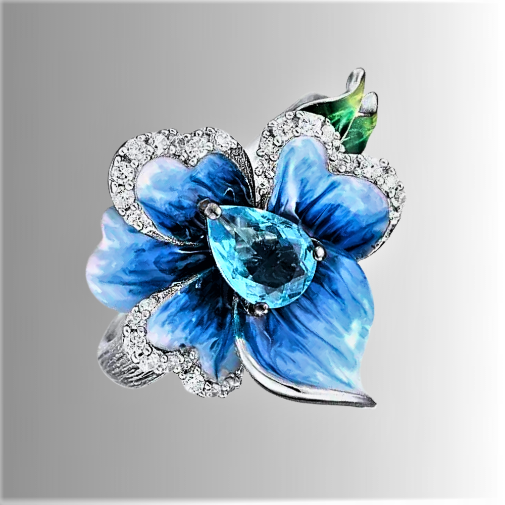Anello Orchidea Blu con Acquamarina Sintetica e Smalto Dipinto a Mano