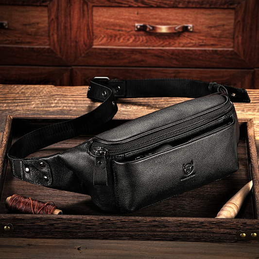 Marsupio a Tracolla con Doppia Tasca in Pelle di Vitellino