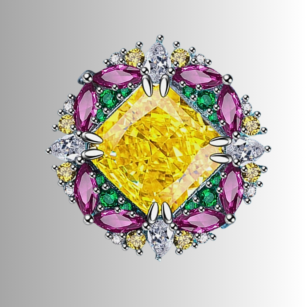 Anello con Citrino di ct 6.00 e Gemme Sintetiche ad Alto Contenuto di Carbonio