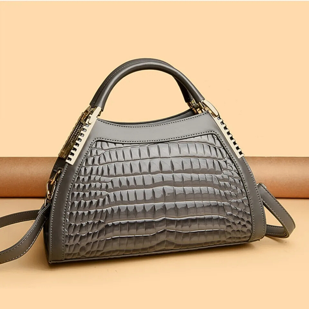 Borsa in Pelle di Vitellino Verniciata – Stile Croco e Dettagli Oro