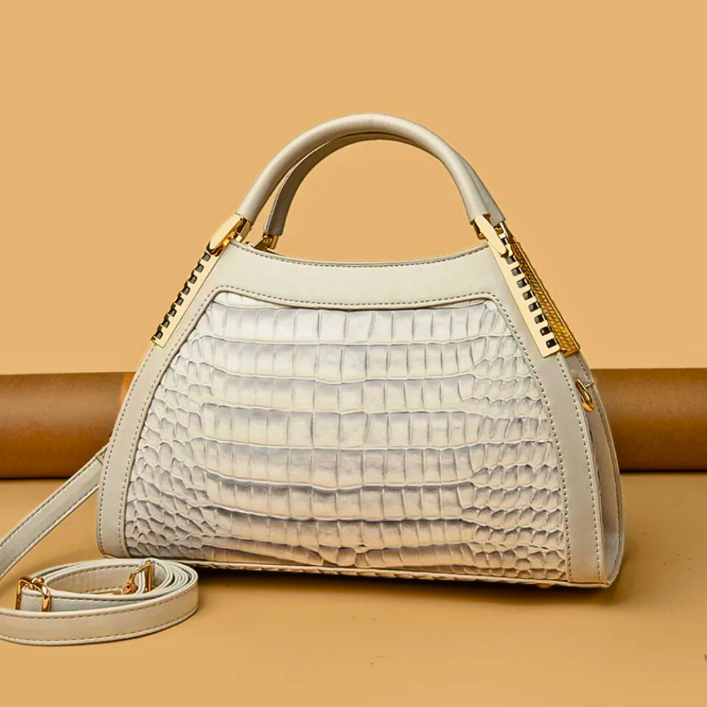 Borsa in Pelle di Vitellino Verniciata – Stile Croco e Dettagli Oro