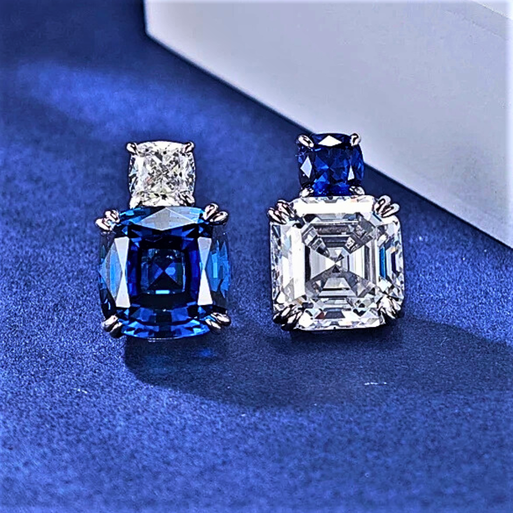 Orecchini Asimmetrici con Zaffiri e Diamanti Coltivati