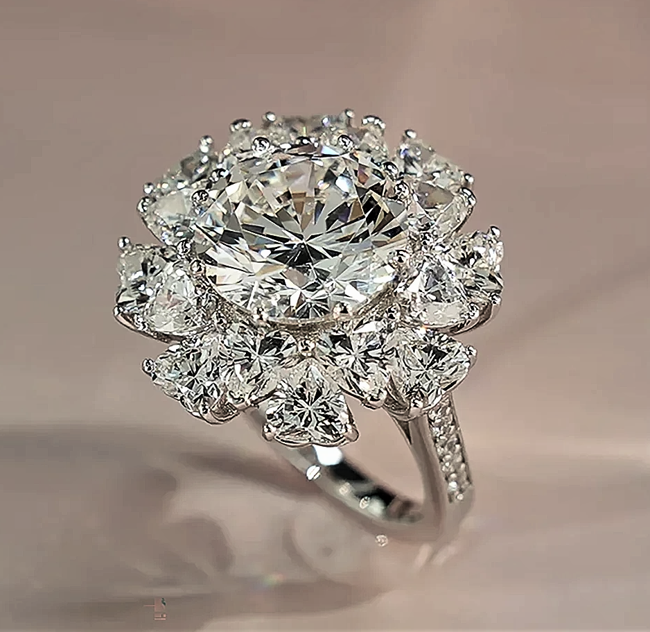 Anello "Fiore di Luce" con Moissanite da 5 ct circondata da Cuori: Un’Eclissi di Eleganza