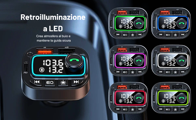 Caricabatterie Bluetooth 5.3 per Auto 30W con FM, MP3 e Vivavoce