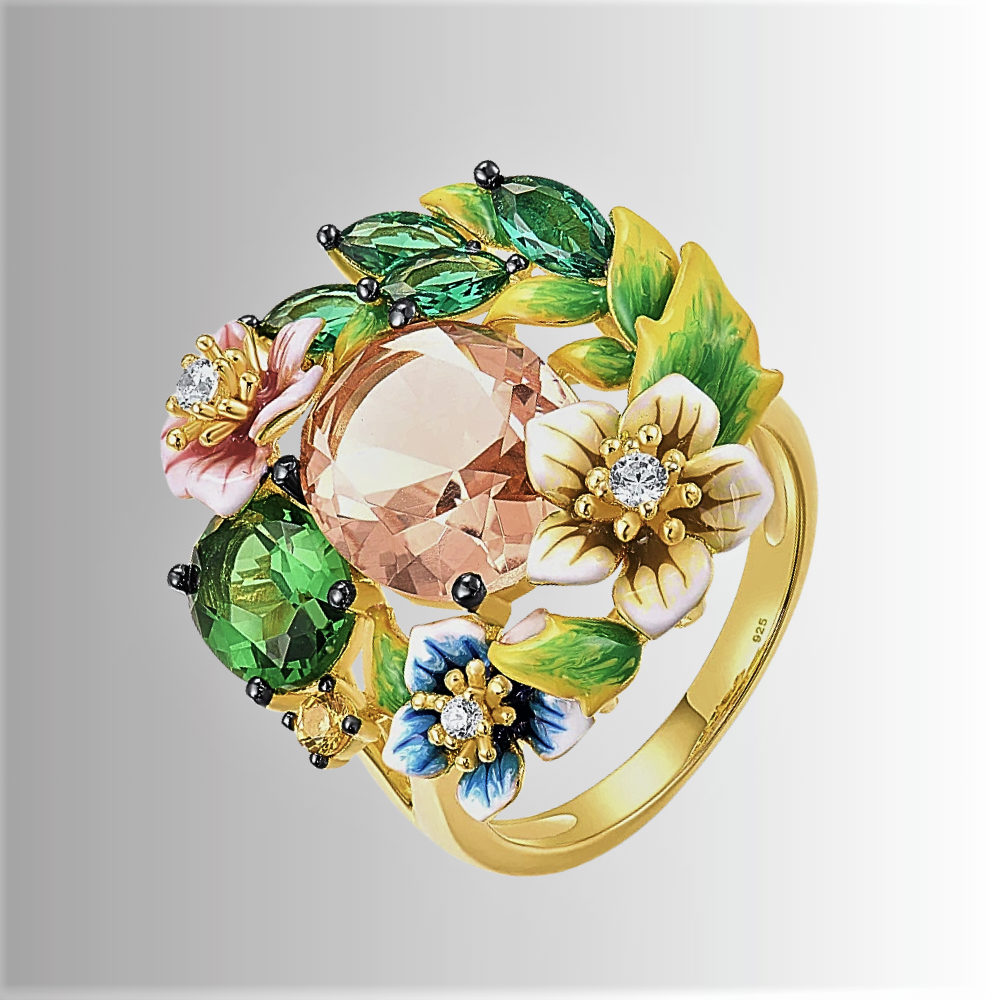 Anello con Smalti, Zaffiri Rosa e Smeraldi Sintetici ad Alto Contenuto di Carbonio