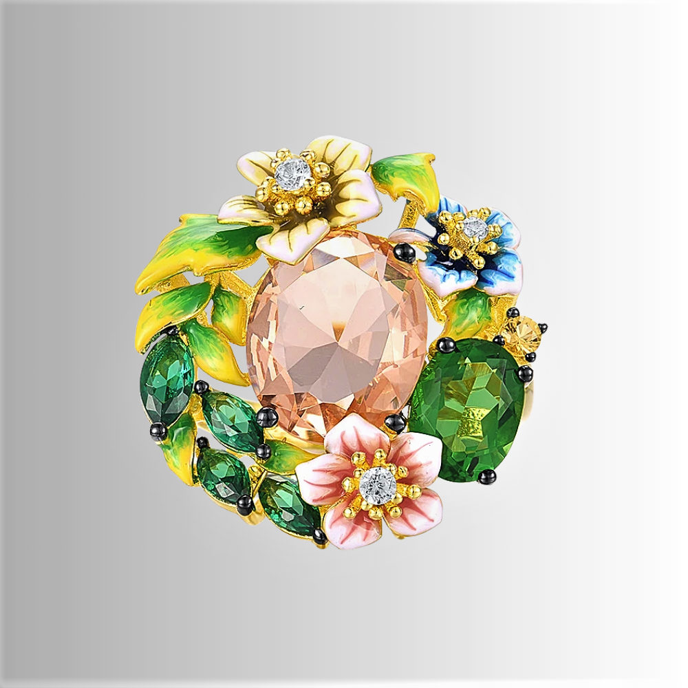 Anello con Smalti, Zaffiri Rosa e Smeraldi Sintetici ad Alto Contenuto di Carbonio