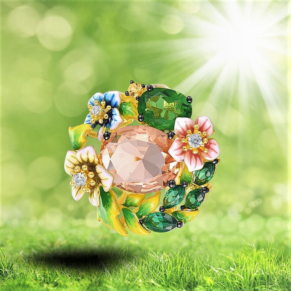 Anello con Smalti, Zaffiri Rosa e Smeraldi Sintetici ad Alto Contenuto di Carbonio