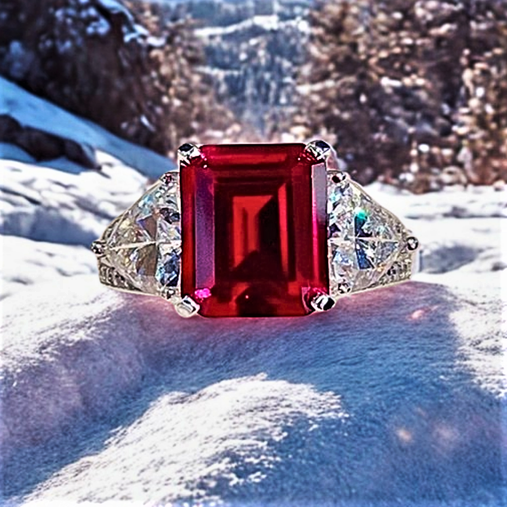 Fascia con Rubino Lab Grown Taglio Smeraldo, Diamanti Taglio Trillion e Brillanti Coltivati