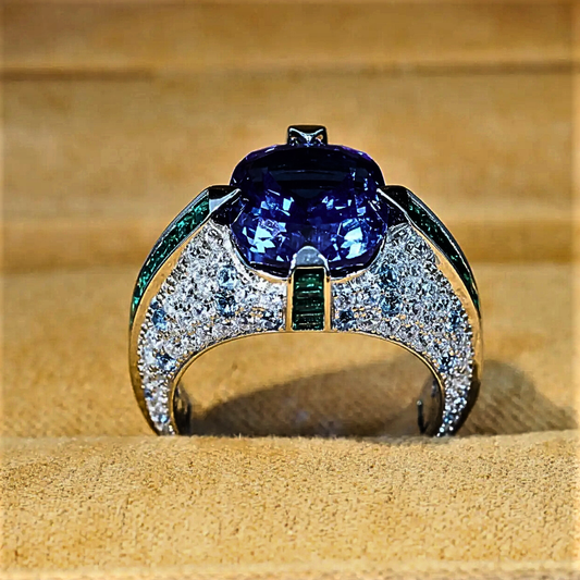 Anello con Zaffiro Ovale, Smeraldi Taglio Baguette e Brillanti Lab Grown