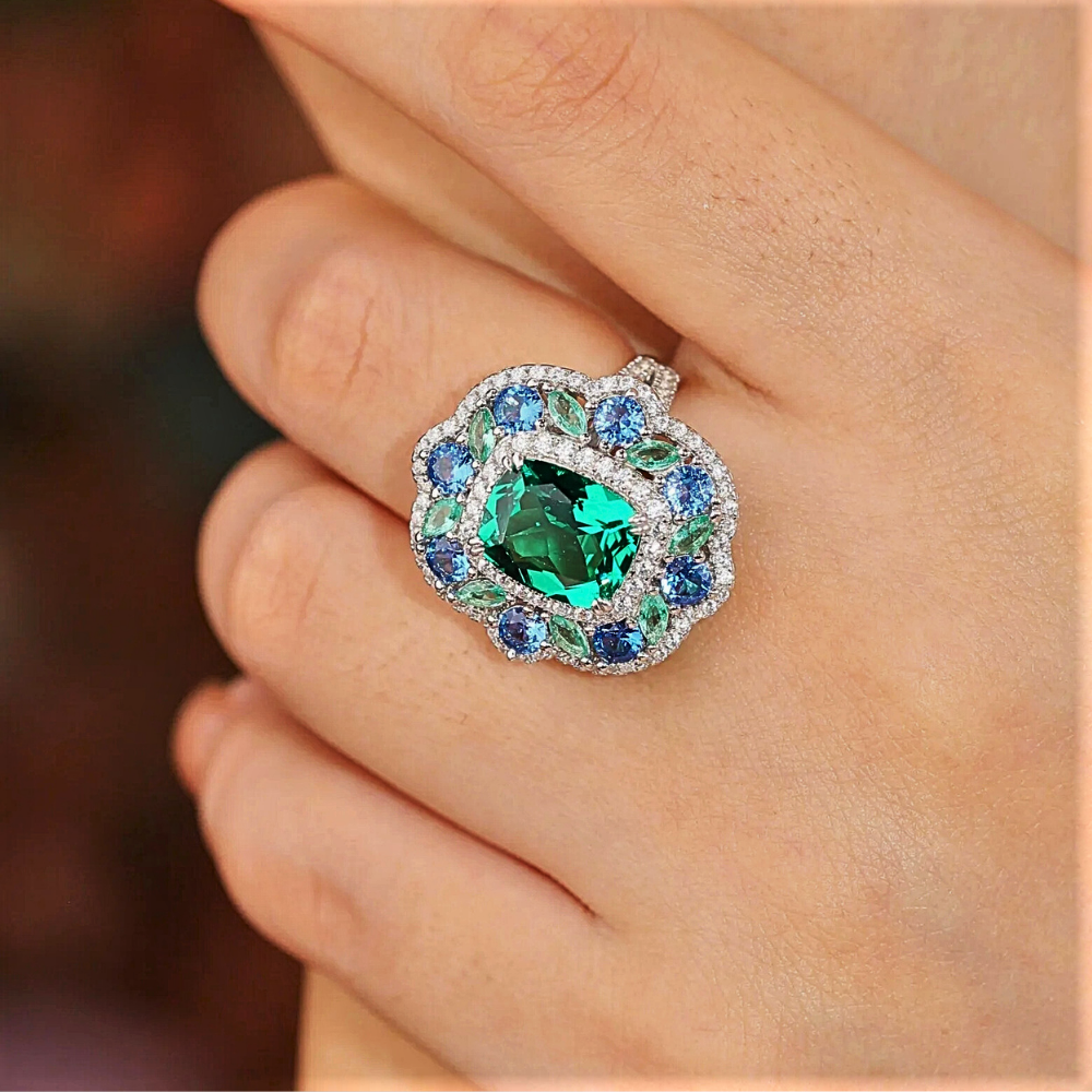 Parure Collana e Anello con Moissanite colore Smeraldo e Zaffiro
