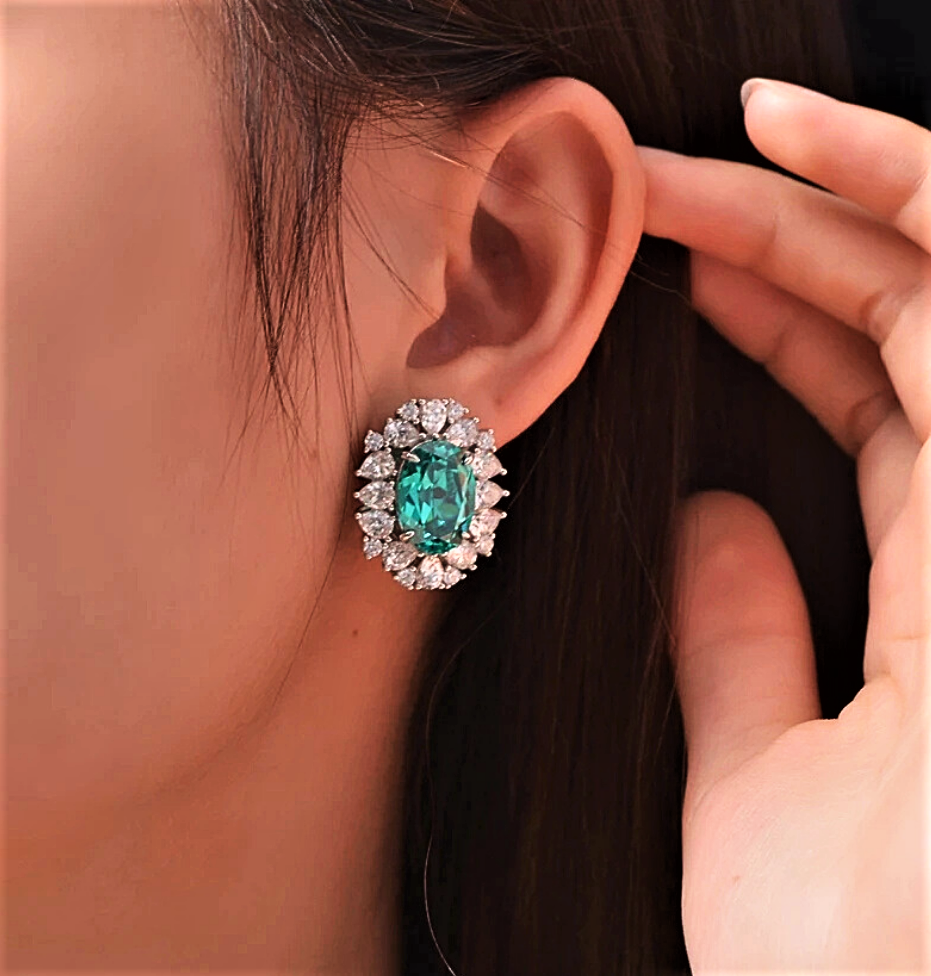 Orecchini con Moissanite Tormalina Paraiba e Diamanti Taglio Goccia e Brillante