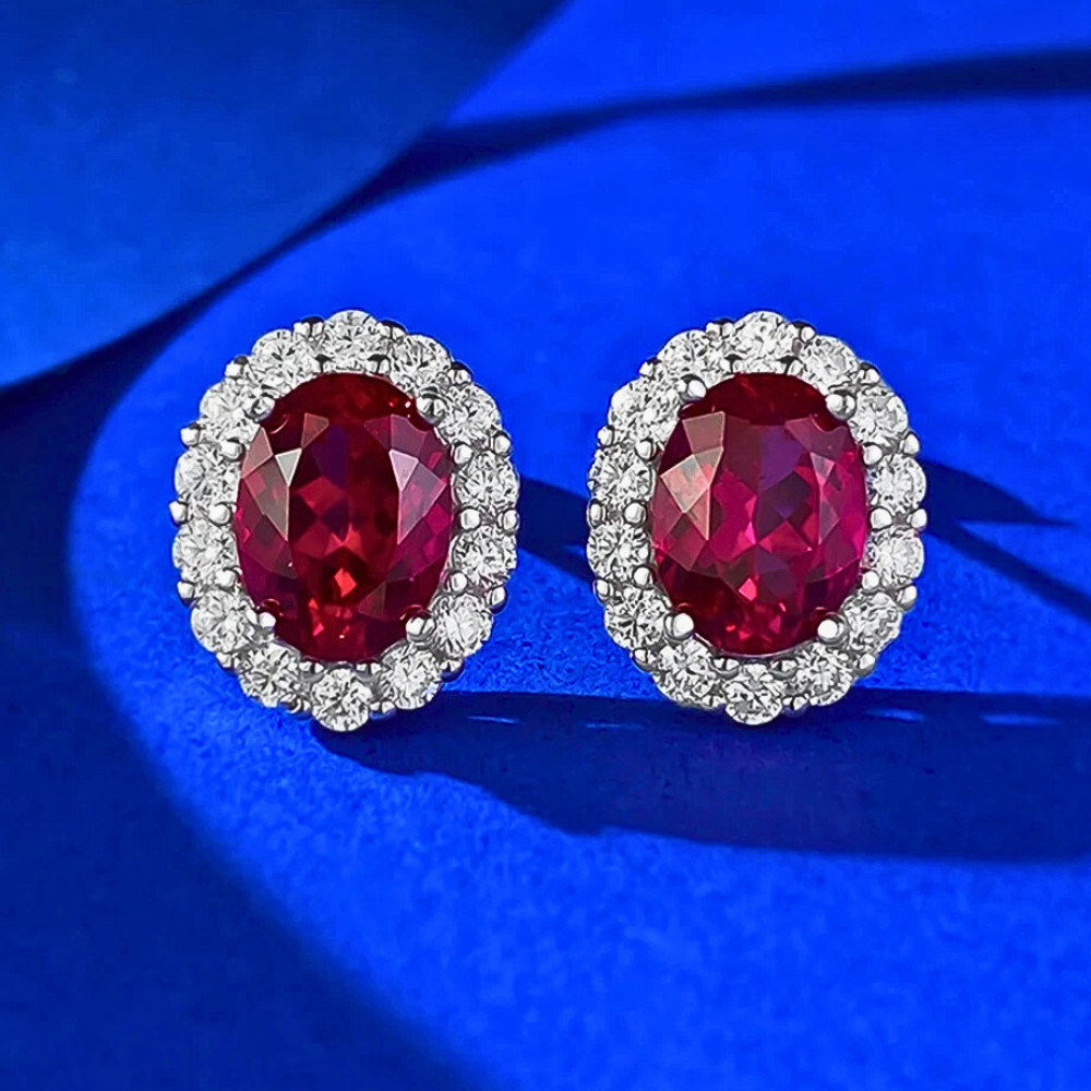 Orecchini con Rubini Coltivati Ovali e Brillanti Lab Grown