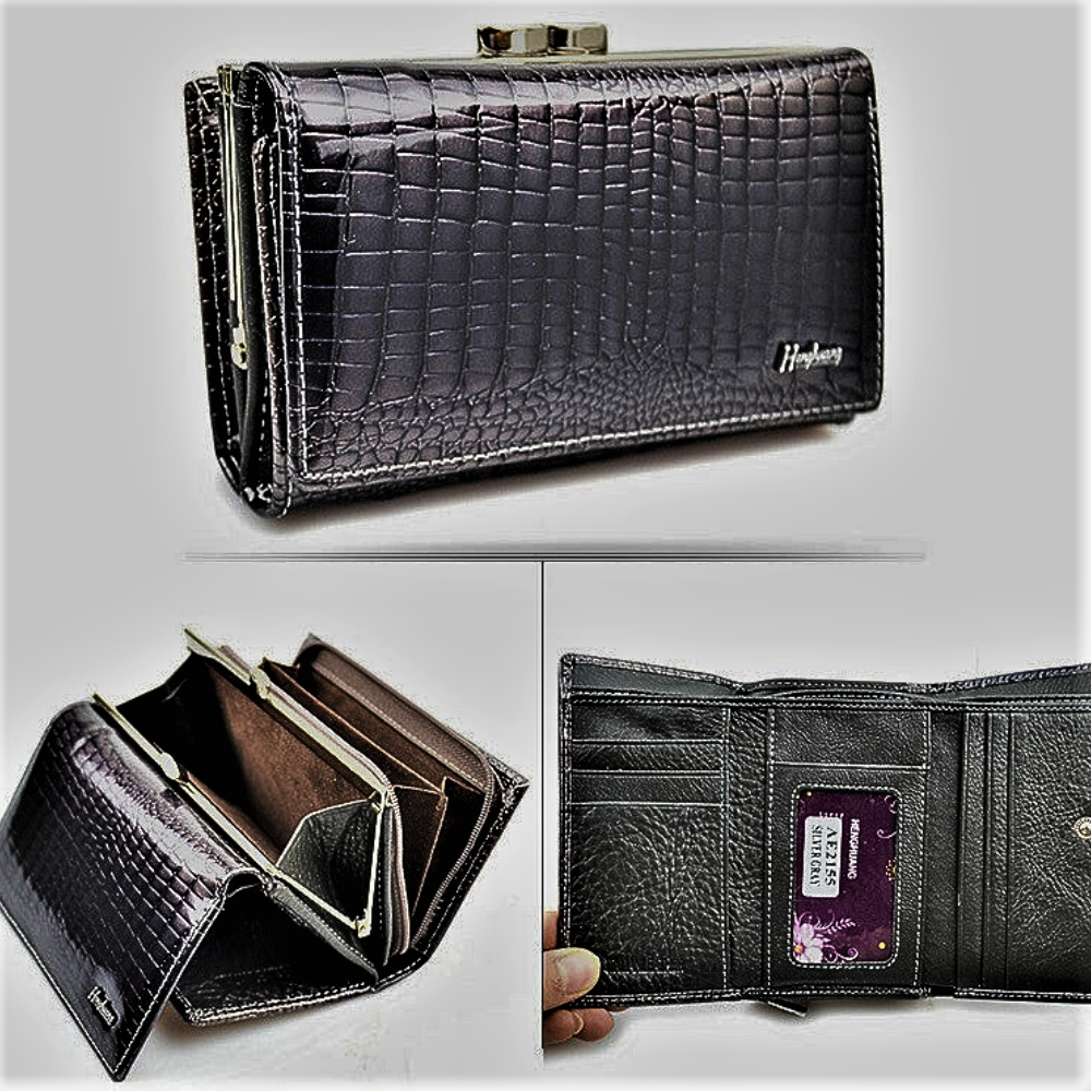 Cartera de piel de becerro auténtica con temática de cocodrilo