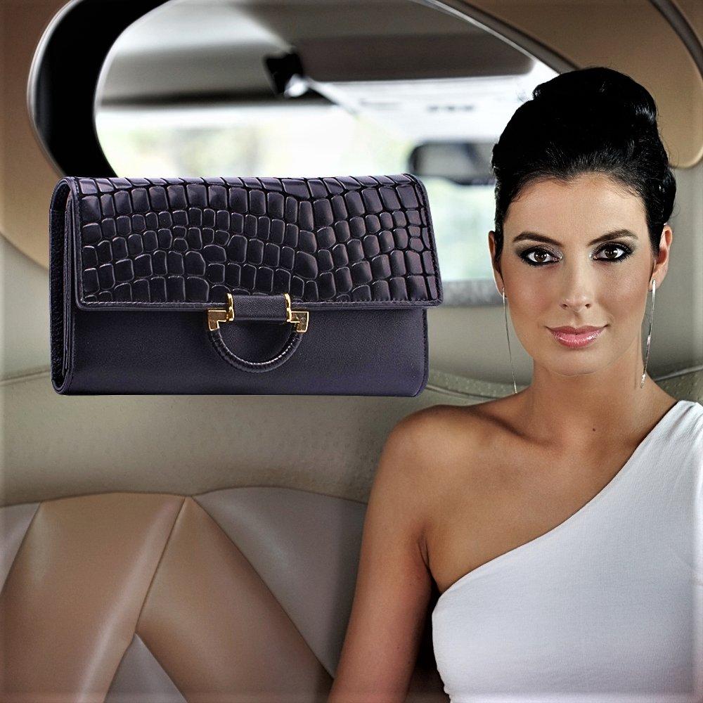 Cartera de piel de vacuno auténtica con textura de cocodrilo