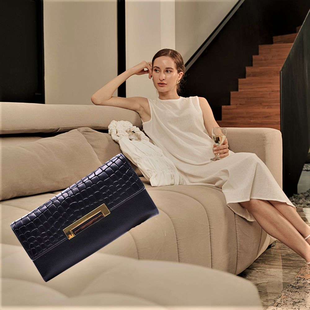 Cartera de piel de vacuno auténtica con textura de cocodrilo