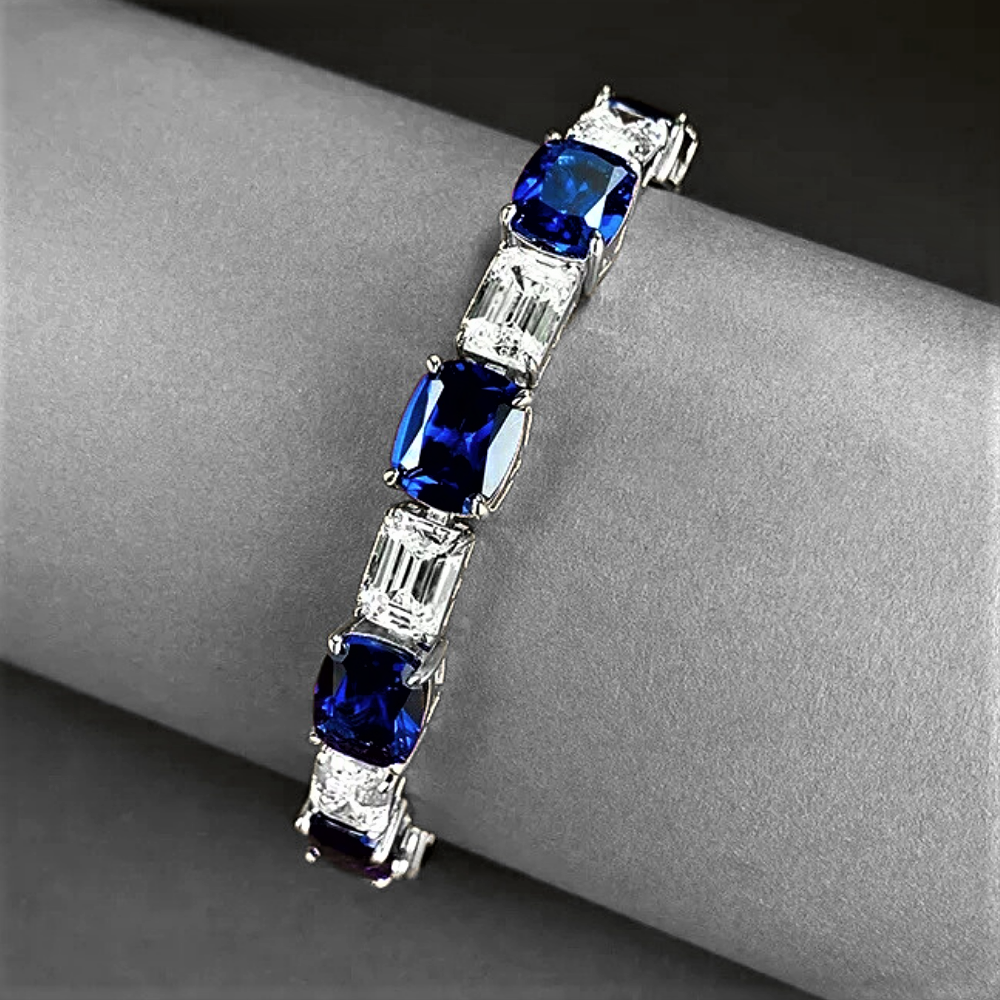 Bracciale con Zaffiri Coltivati Taglio Cuscino e Diamanti Taglio Smeraldo