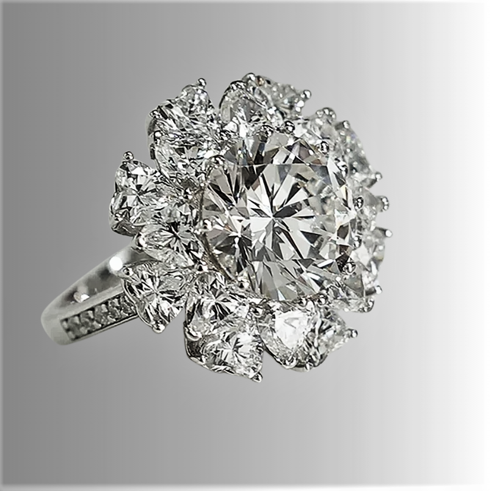 Anello "Fiore di Luce" con Moissanite da 5 ct circondata da Cuori: Un’Eclissi di Eleganza