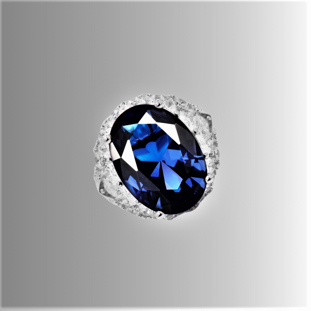 Fascione con Zaffiro Blu Coltivato Ovale e Diamanti Sintetici ad Alto Contenuto di Carbonio