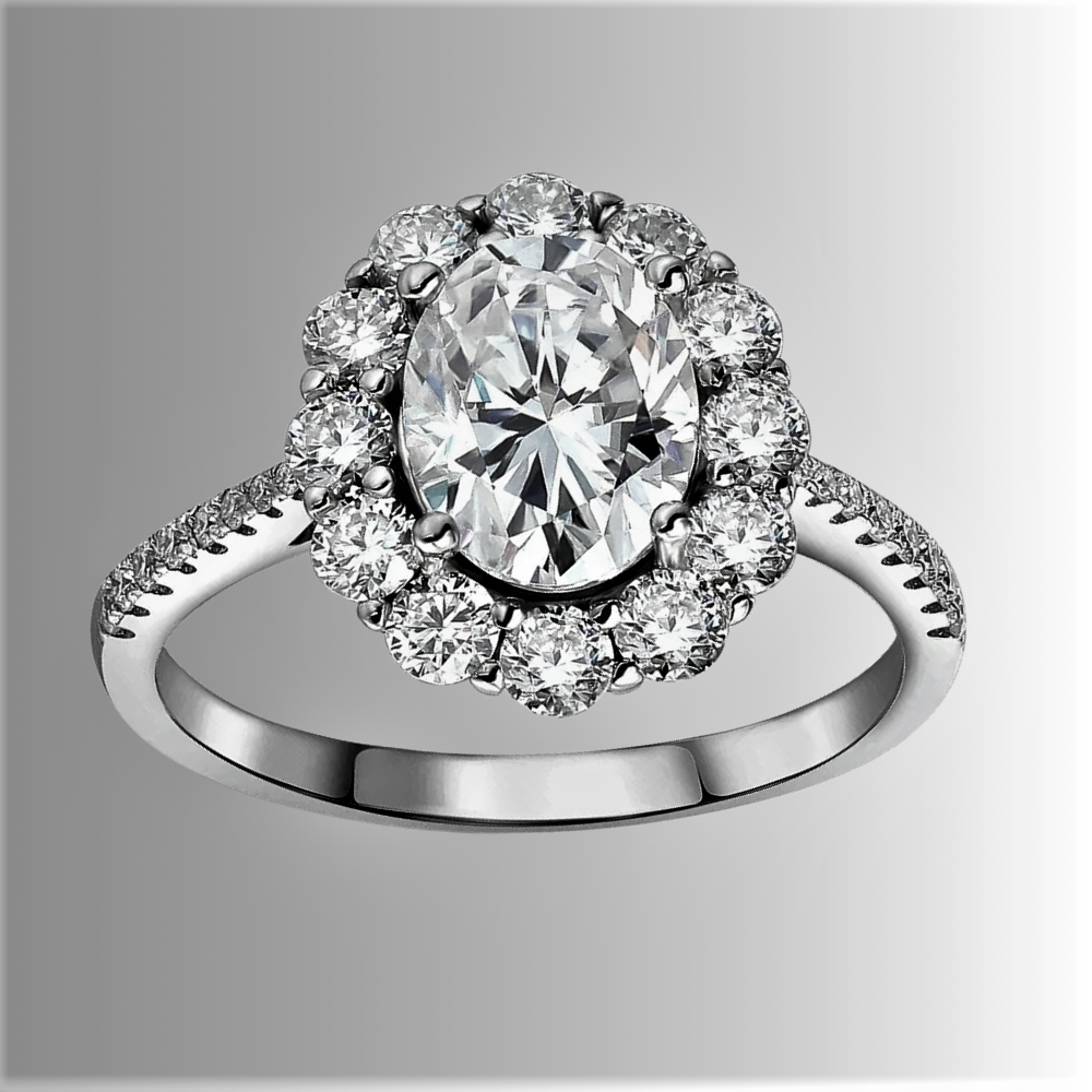 Anello a Fiore con Moissanite Ovale 3ct: Grazia, Luce e Fascino Infinito
