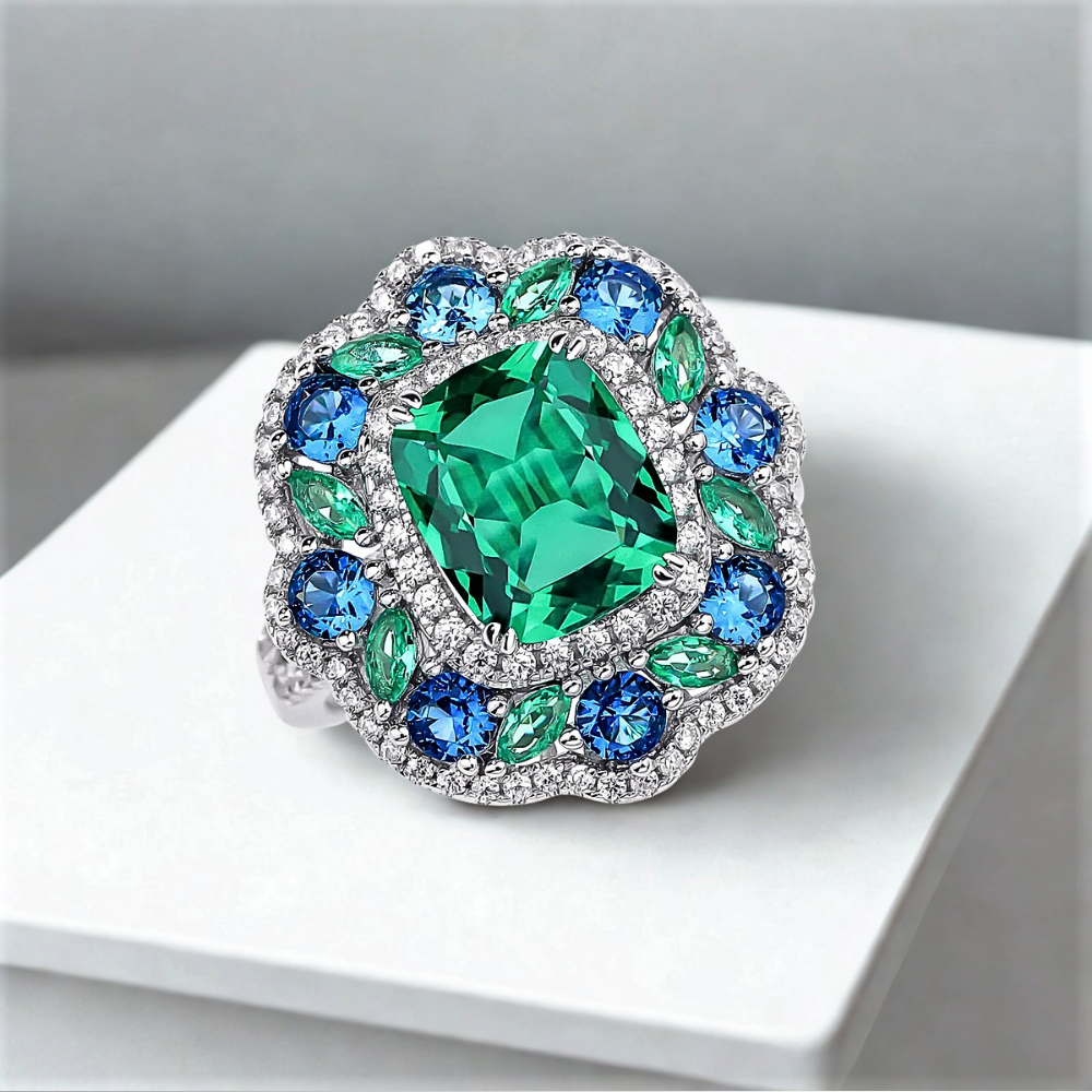 Parure Collana e Anello con Moissanite colore Smeraldo e Zaffiro