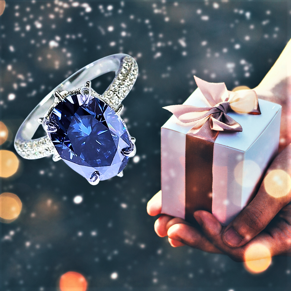 Anello con Moissanite Blu Ovale da 8 Carati: Eleganza Lineare, Profondità Ipnotica