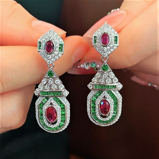 Orecchini Pendenti con Rubini, Smeraldi e Brillanti Coltivati