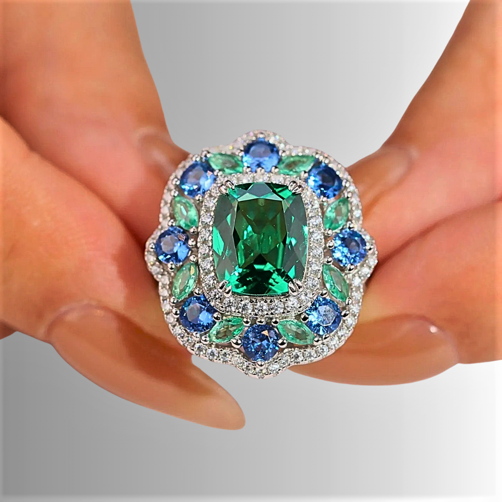 Parure Collana e Anello con Moissanite colore Smeraldo e Zaffiro
