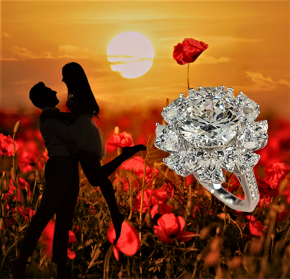 Anello "Fiore di Luce" con Moissanite da 5 ct circondata da Cuori: Un’Eclissi di Eleganza
