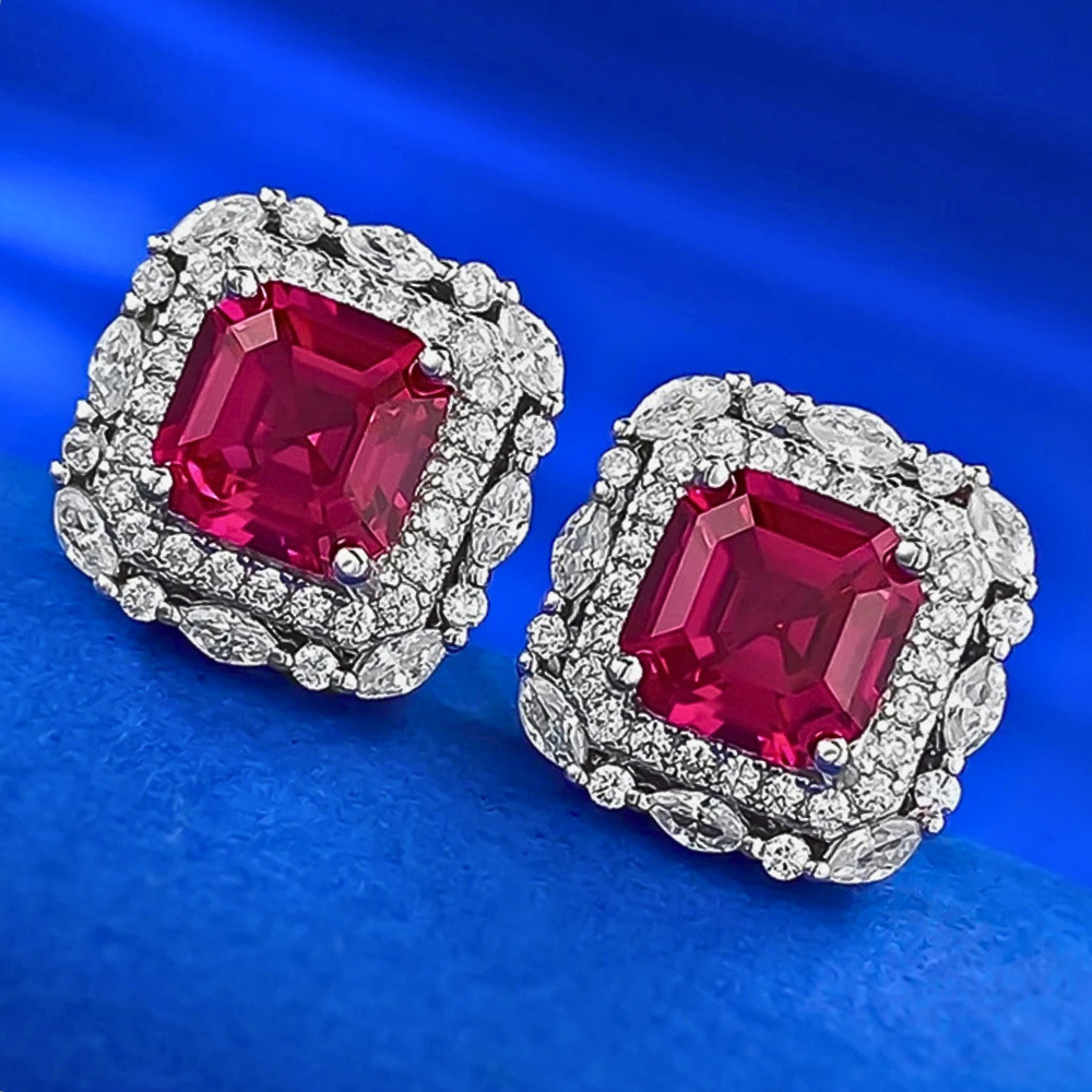Orecchini con Rubino Taglio Asscher Coltivato e Diamanti Lab Grown