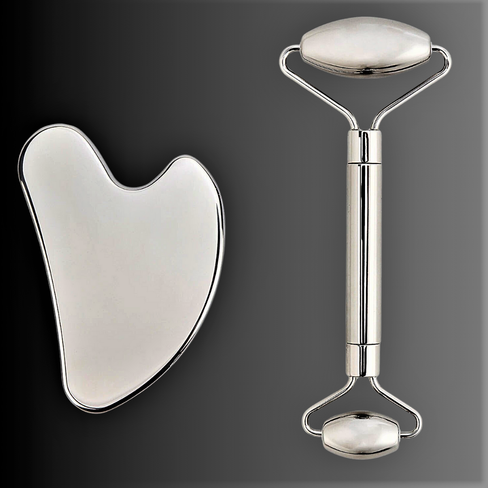 Rodillo y Gua Sha en Acero para un Rostro Suave y Luminoso