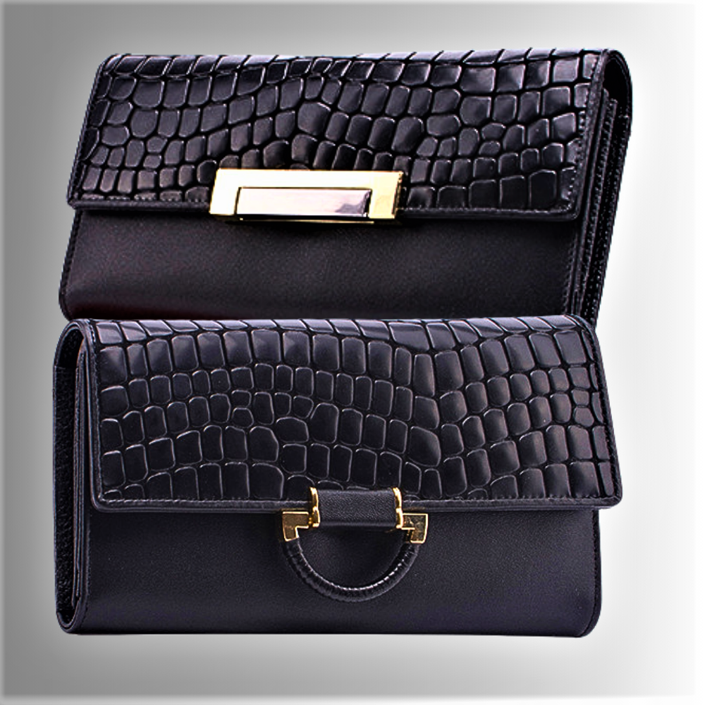 Cartera de piel de vacuno auténtica con textura de cocodrilo
