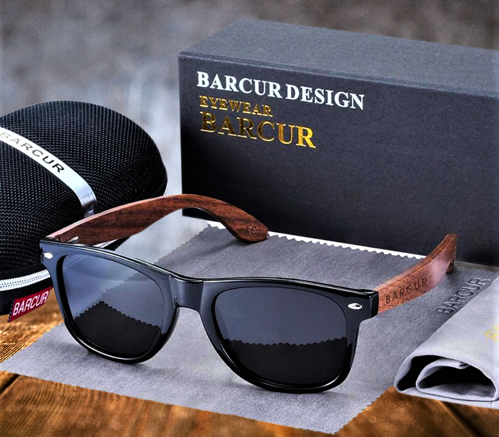 Gafas polarizadas BARCUR en caja de madera natural y nogal negro