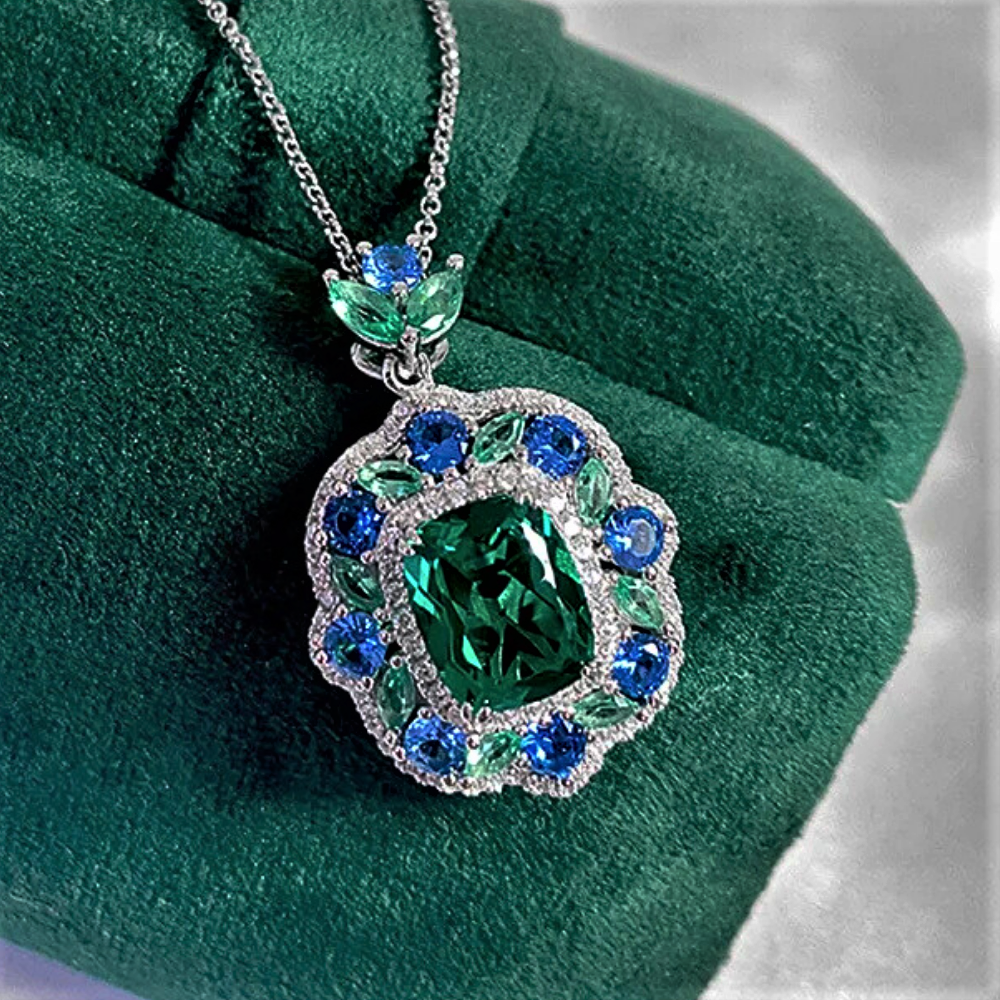 Parure Collana e Anello con Moissanite colore Smeraldo e Zaffiro