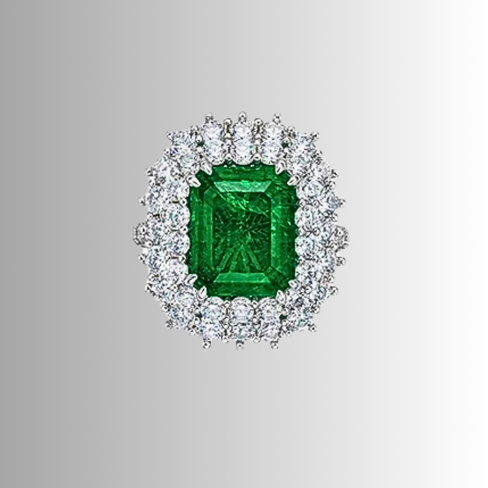 Anello con Smeraldo Colombiano Taglio Smeraldo Lab Grown per ct 6,50 e Brillanti Coltivati