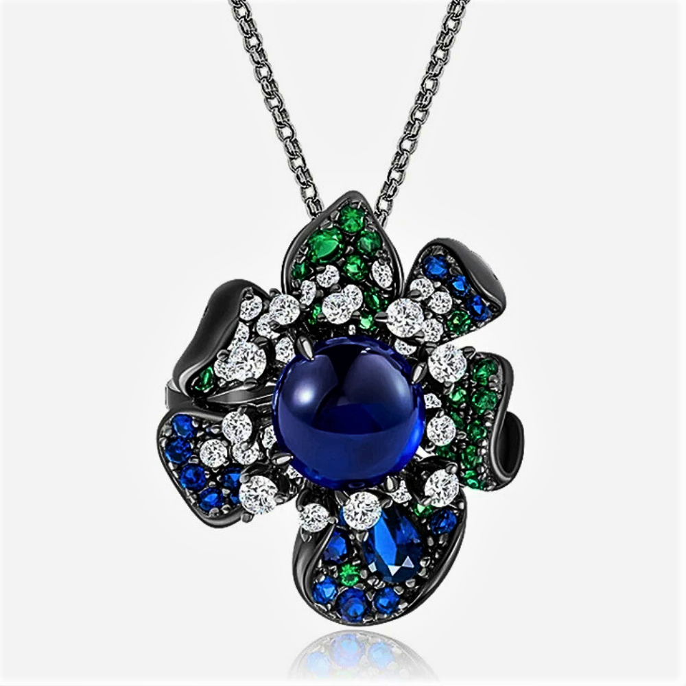 Collana Floreale con Zaffiro Lab Grown, Zaffiri, Smeraldi e Brillanti Sintetici