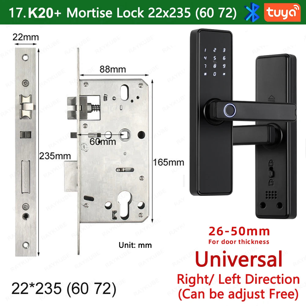 2024 NEW RAYKUBE K20 9-language Biometric Fingerprint Door Lock Electronic Door Lock with Tuya APP/IC Card/Password/ Key Unlock