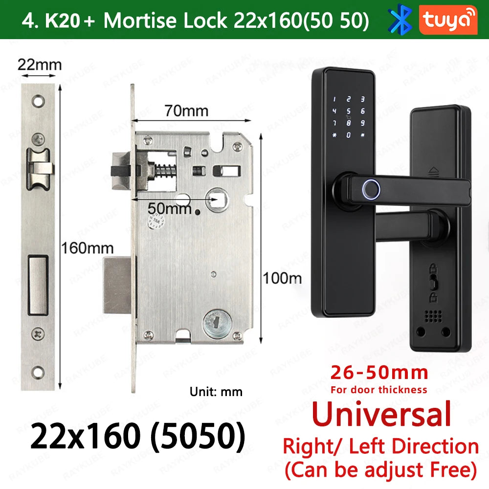 2024 NEW RAYKUBE K20 9-language Biometric Fingerprint Door Lock Electronic Door Lock with Tuya APP/IC Card/Password/ Key Unlock
