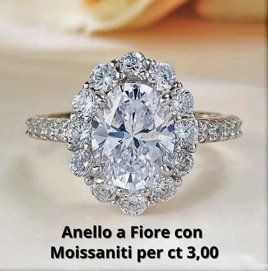 Anello a Fiore con Moissanite Ovale 3ct: Grazia, Luce e Fascino Infinito