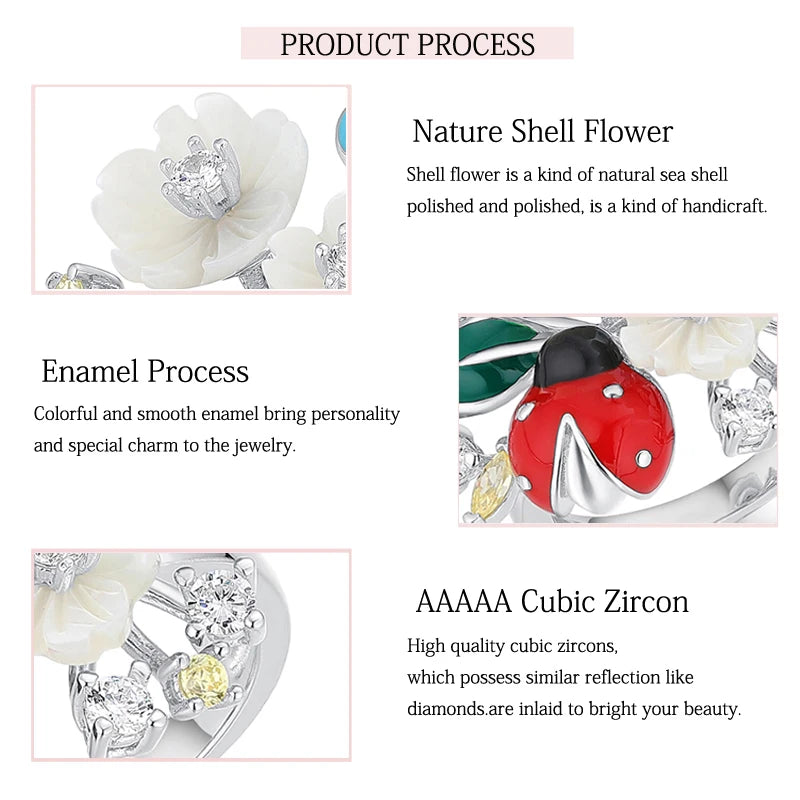 Laya 925 Sterling Silver Fashion Natural Shell Flower Green Leaf Enamel Animal High Quality Zircon Ring For Women Jewelry