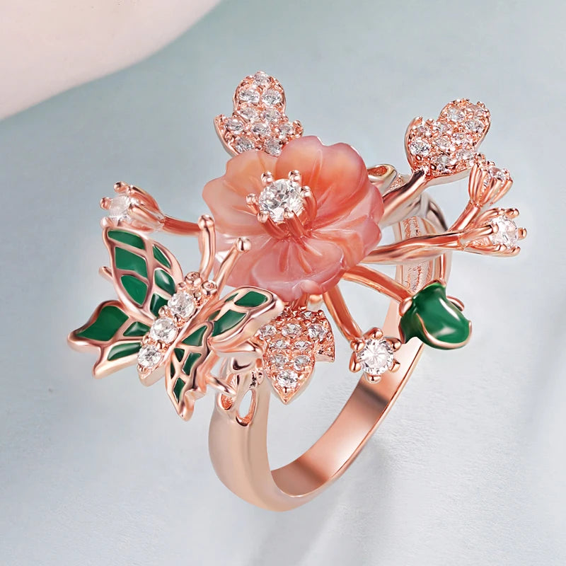 Laya Ring For Women High Quality Zircon Natural Shell Flower Butterfly Enamel 925 Sterling Silver Anillos Fashion Jewelry
