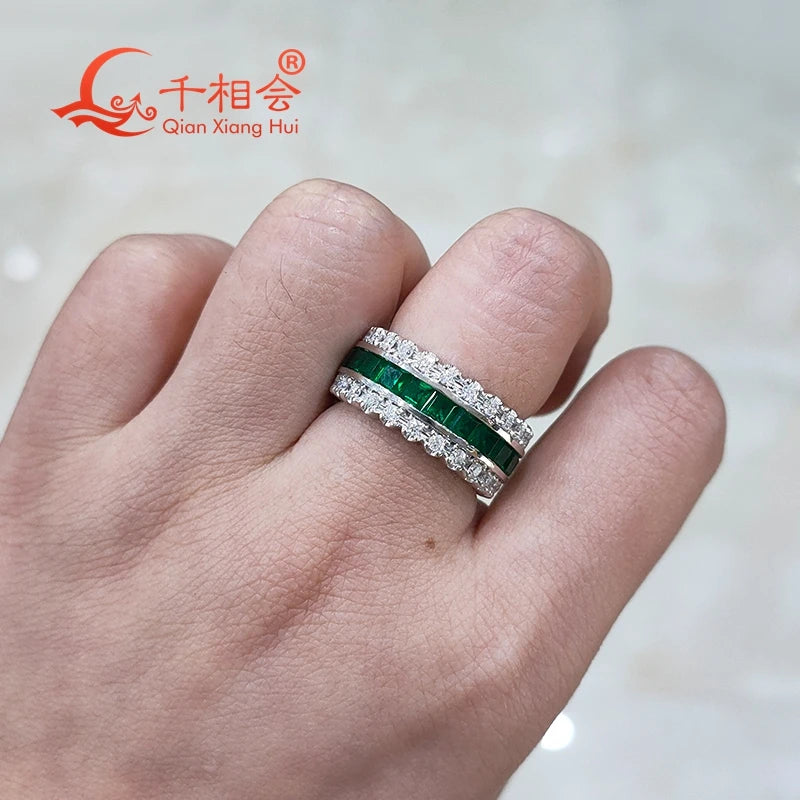 925 silver green color 3mm rectangle shape lab Emerald stone ring melee moissanite Eternity Band jewelry Engagement Party