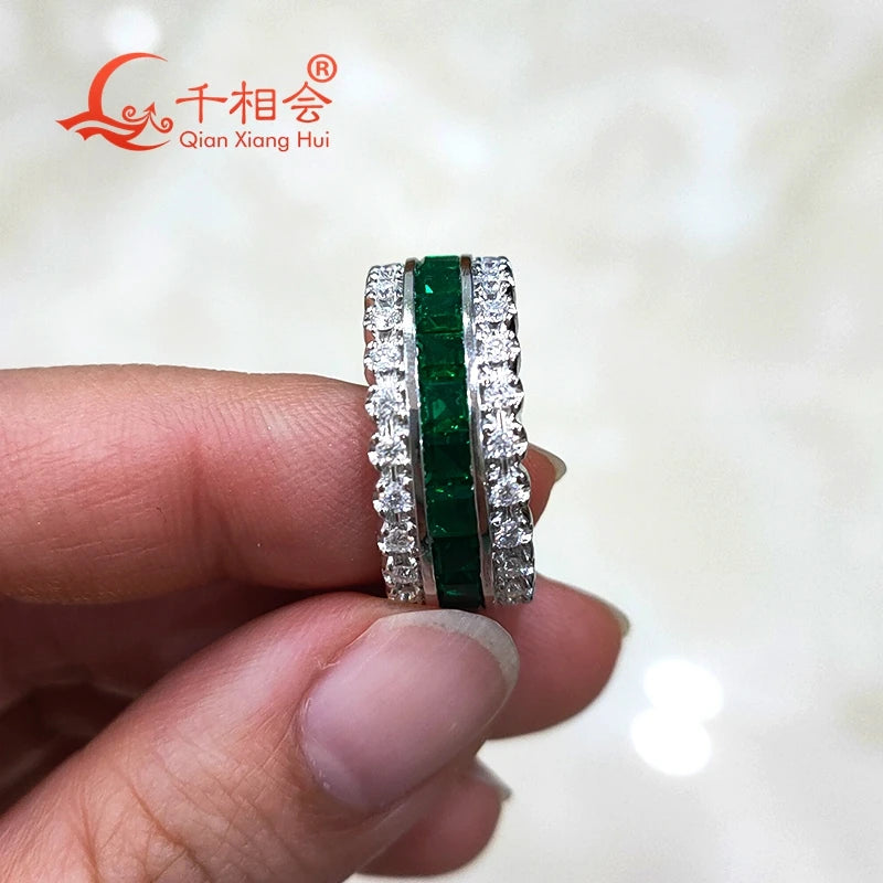 925 silver green color 3mm rectangle shape lab Emerald stone ring melee moissanite Eternity Band jewelry Engagement Party