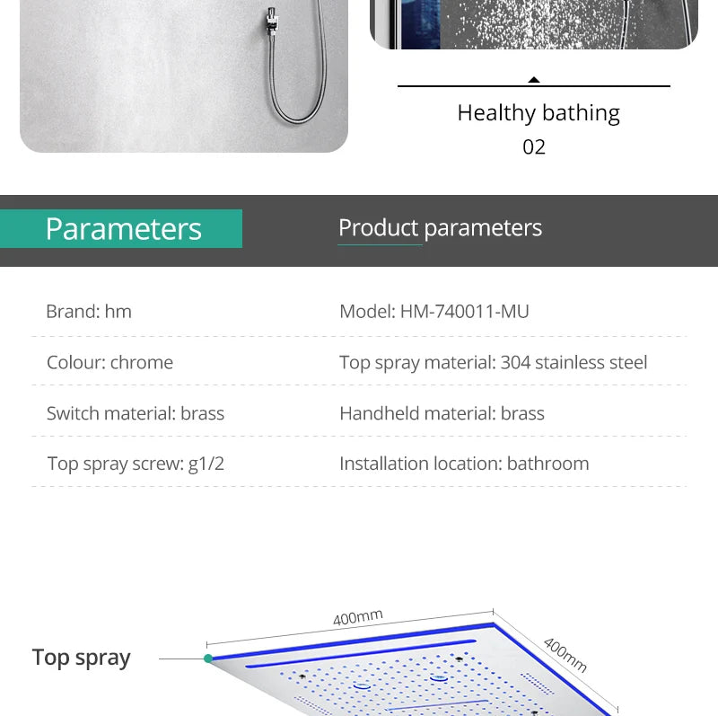 Stainles Steel 304 16inch 40cm Square Bluetooth Music LED Shower Head Panel Set Spray Rainfall Steam Thermostatic Mixer Faucet