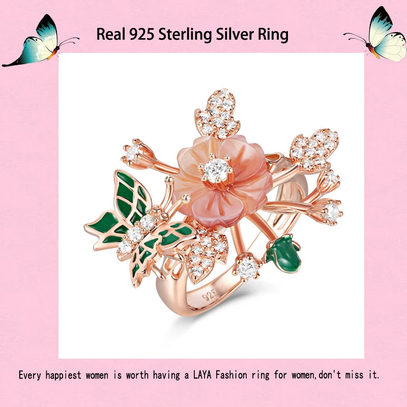 Laya Ring For Women High Quality Zircon Natural Shell Flower Butterfly Enamel 925 Sterling Silver Anillos Fashion Jewelry